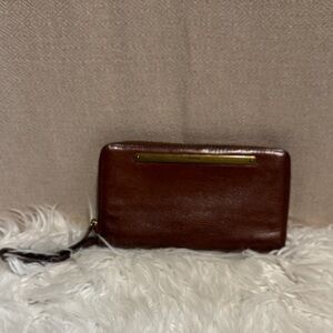 Fossil Brown Leather Clutch with Gold Detail